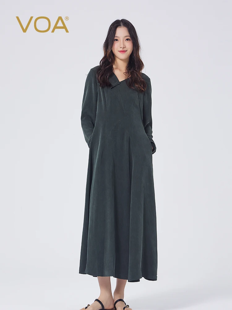 

VOA silk 40 mm rice sand wash heavy V-neck long sleeve slim and thin simple and elegant big swing dress