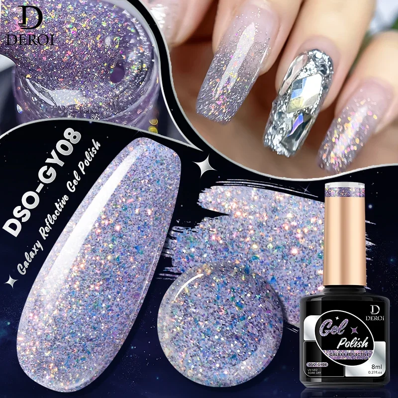 

DEROI Glitter Gel Nail Polish for Nail Art Reflective UV Gel Rubber Base Flash for Manicure Soak Off Semi Permanent Varnis 8ml