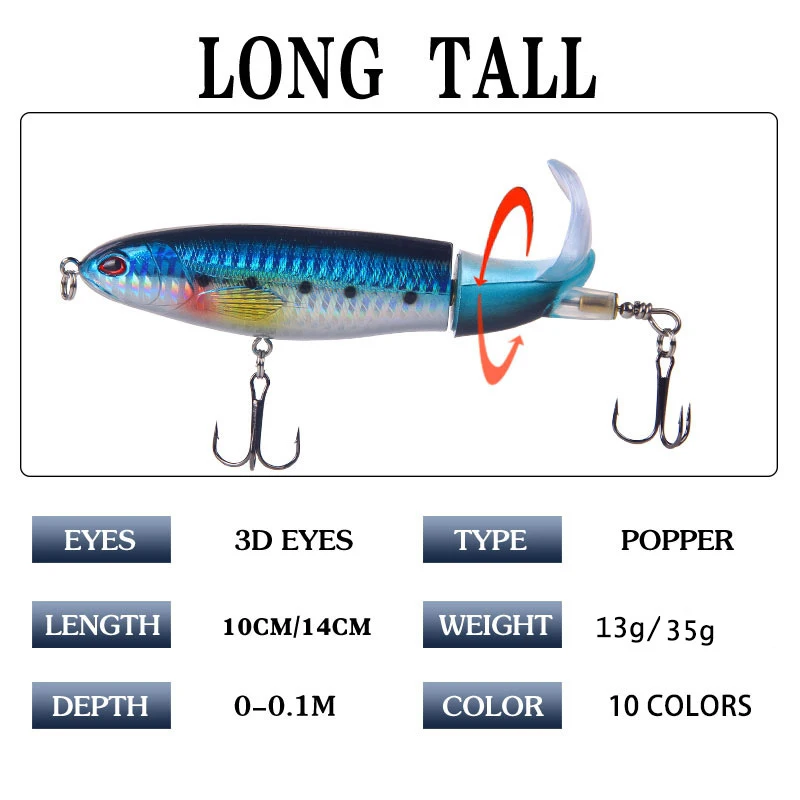 Topwater 낚시 루어 와퍼 포퍼 인공 미끼 하드 플로퍼, 부드러운 회전 꼬리 낚시 태클, 낚시 미끼, 10cm, 14cm, 1 개