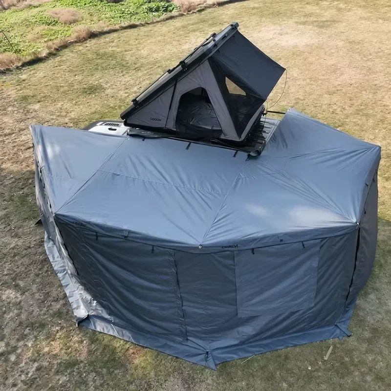 Extended 360 Degree Car Side Awning Built in LED Light Strip with Support Poles Optional Skylight Opening for Camping