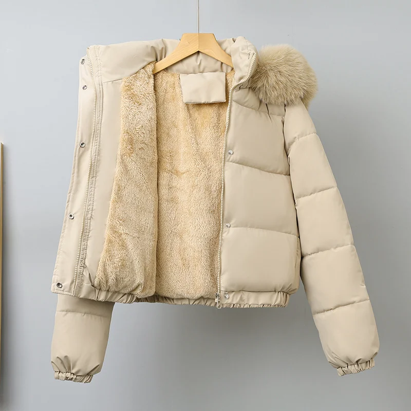 Winter Short Parkas Women's Cotton-padded Clothes Add Velvet Thicken Outerwear Fur Collar Removable Hooded Coats Warm Jackets