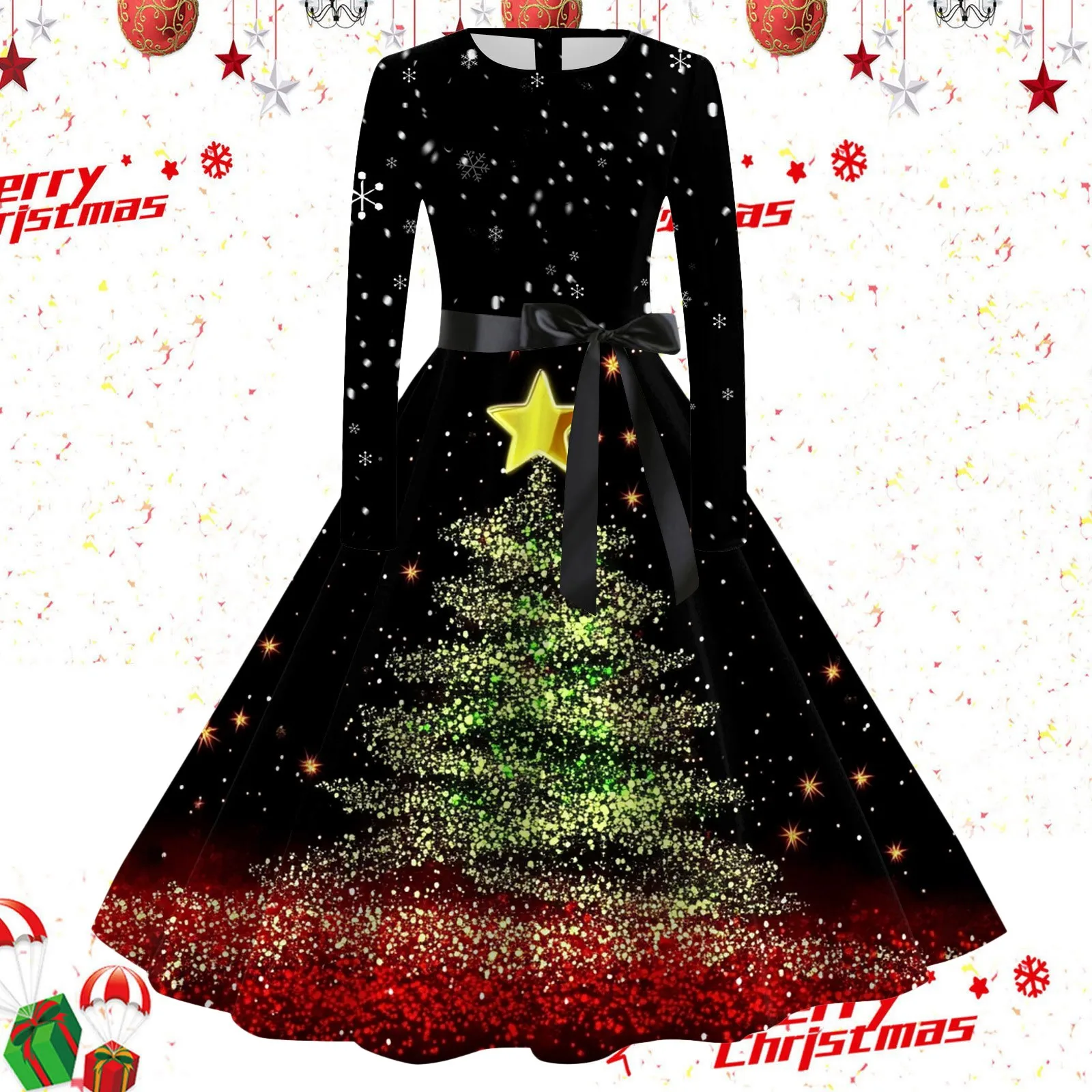 Vestidos estampados de Navidad de Año Nuevo para mujer, manga larga, árbol de Navidad, fiesta de graduación, vestidos de noche elegantes, línea A, gran Swing