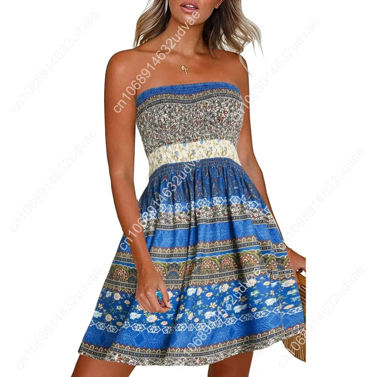 

Summer Dresses for Women Beach Cover Ups Strapless Boho Floral Print Sundress