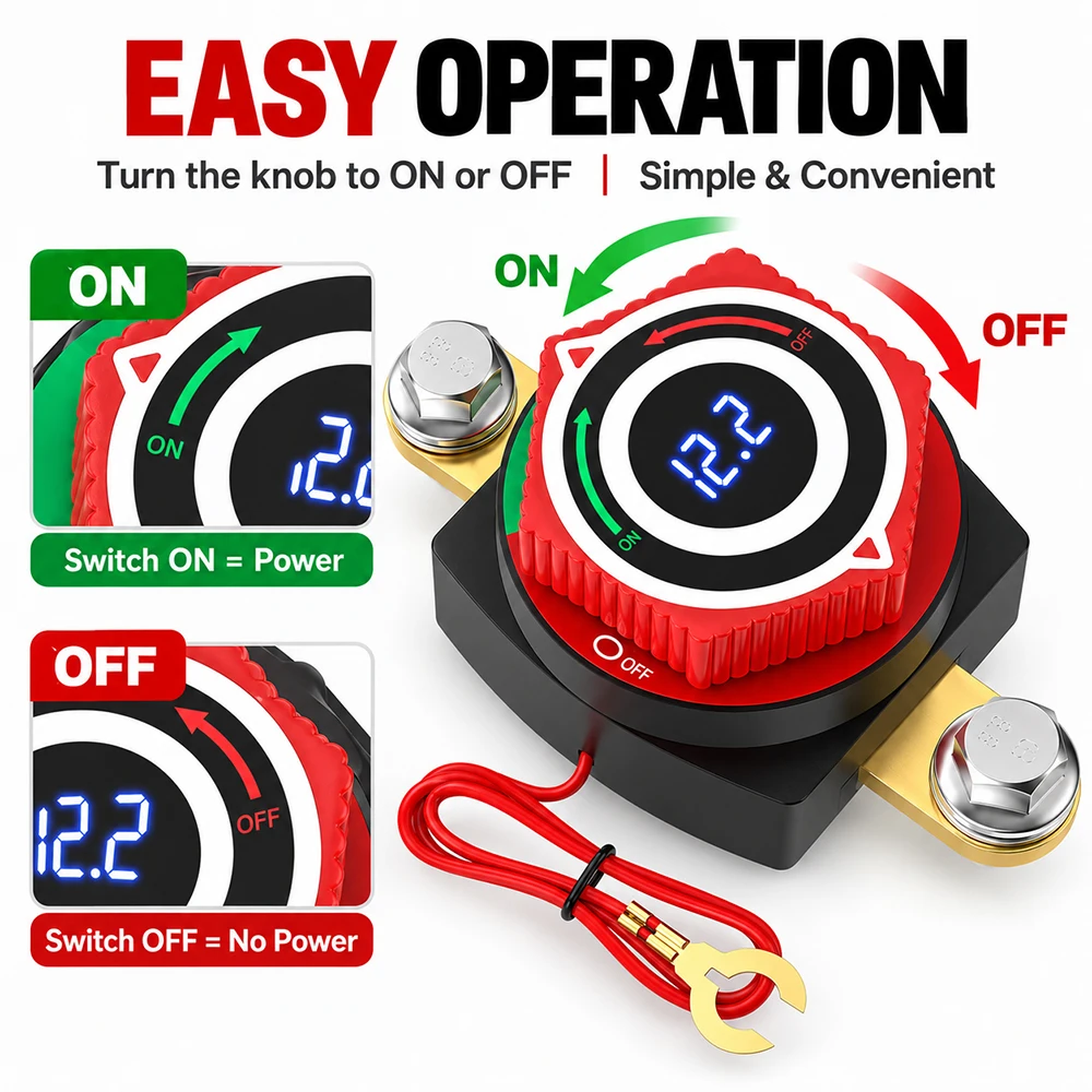 Seitenmontierter digitaler Batterietrennschalter DC5-80V mit LED-Voltmeter 275A Auto-Killschalter Ein-Aus-Batterietrennschalter – Detail 3