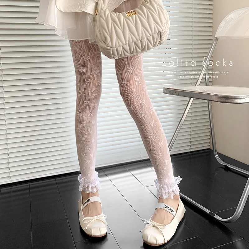 

Summer Hollowed Out Mesh Women's Leggings White Bow Jacquard Ankle Lace Decorated Lolita Fashion Fishnet Tights