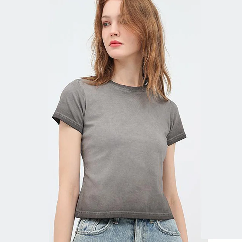 Female 240GSM Gradient Washed Custom LOGO Solid Slim  T-Shirt Soft Cotton Streetwear Casual Short Sleeve Cool Retro For Women image 2