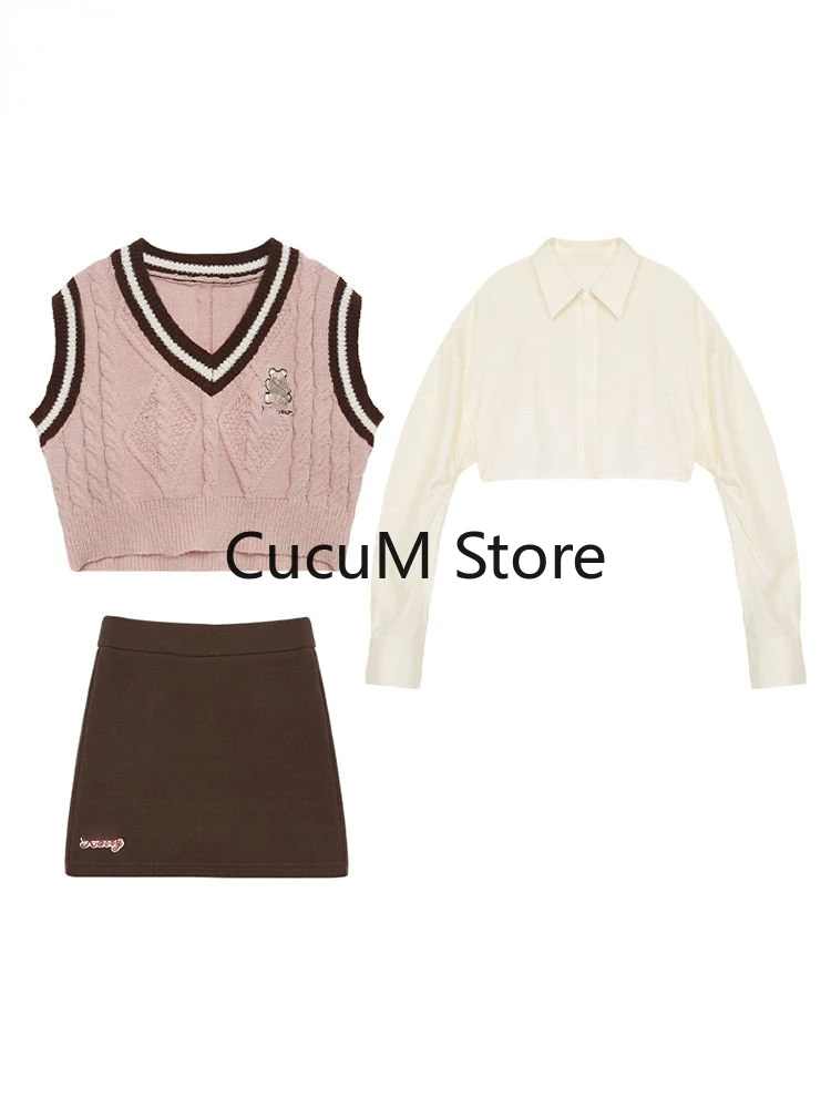 Korean Women Clothes 3 Piece Set Fashion Skirts Outfits Knitted Cropped Vest Long Sleeve White Shirt Bodycon Mini Skirt Suit