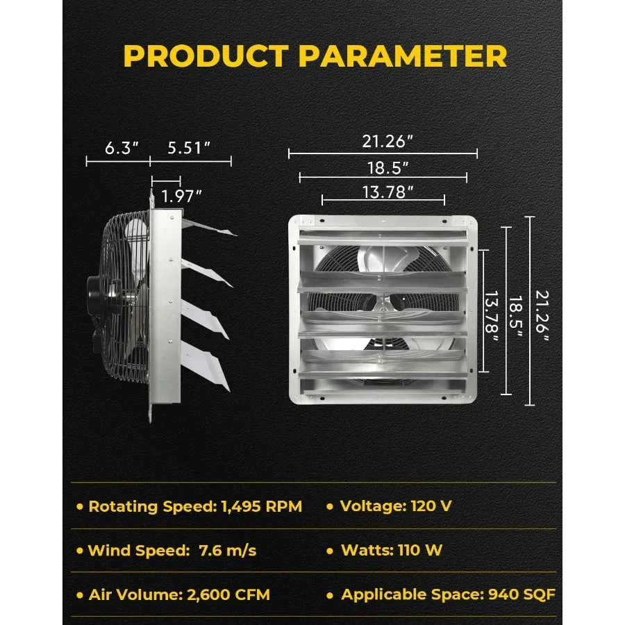 Ventilatore di scarico per otturatore da 18 pollici con cavo di alimentazione Montaggio a parete ad alta velocità 2 500 CFM per garage Soffitta Negozi Serra Potente Ventila