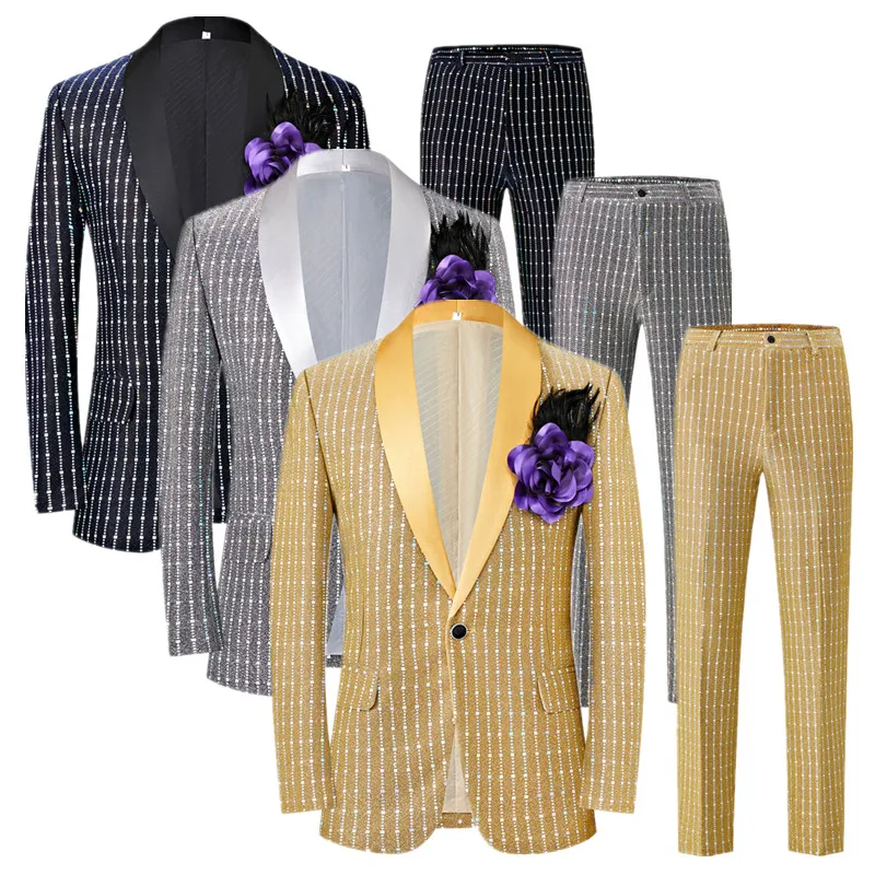 New Men Wedding Prom Party Striped Suits Black / Grey / Gold Fashion Host Singer Pianist Stage Performance Dress Blazer and Pant