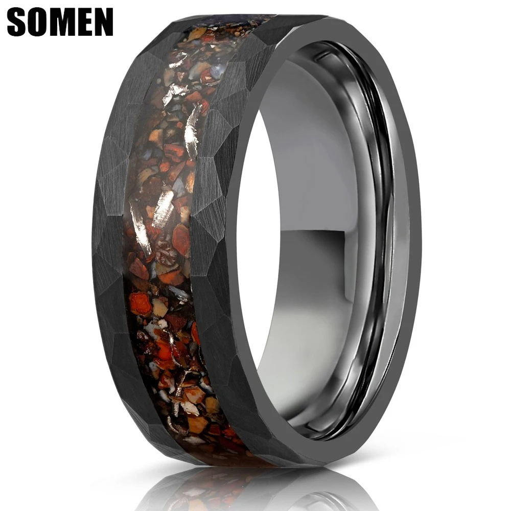 Somen 8mm Hammered Black Tungsten Carbide Ring For Men Dinosaur Bones Inlay Wedding Band Engagement Rings Fashion Jewelry anillo
