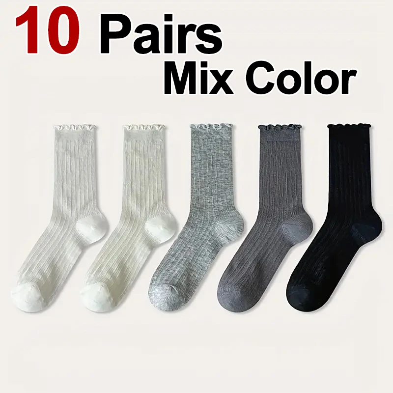5-10 Pairs Women's Solid Color Mesh Mid Tube Socks Summer Lightweight Breathable Chic Wavy Edge Elegant Comfortable Cute Socks