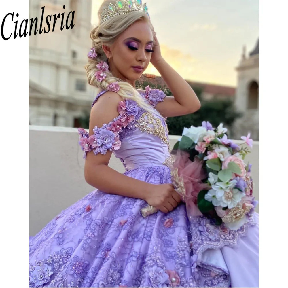 Lilac Princess Quinceanera Dresses Princess 3D Flowers Ball Gown Birthday Gown Tulle Lace-Up Sweet 16 Dresses vestidos de 15