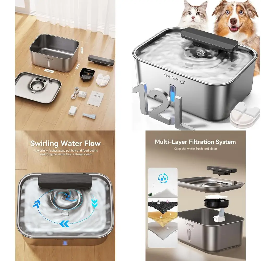 

Ultra-Quiet Stainless Steel Large Dog Water Fountain, 12L Capacity with Swirling Flow and Visible Water Level for Dogs and Cats