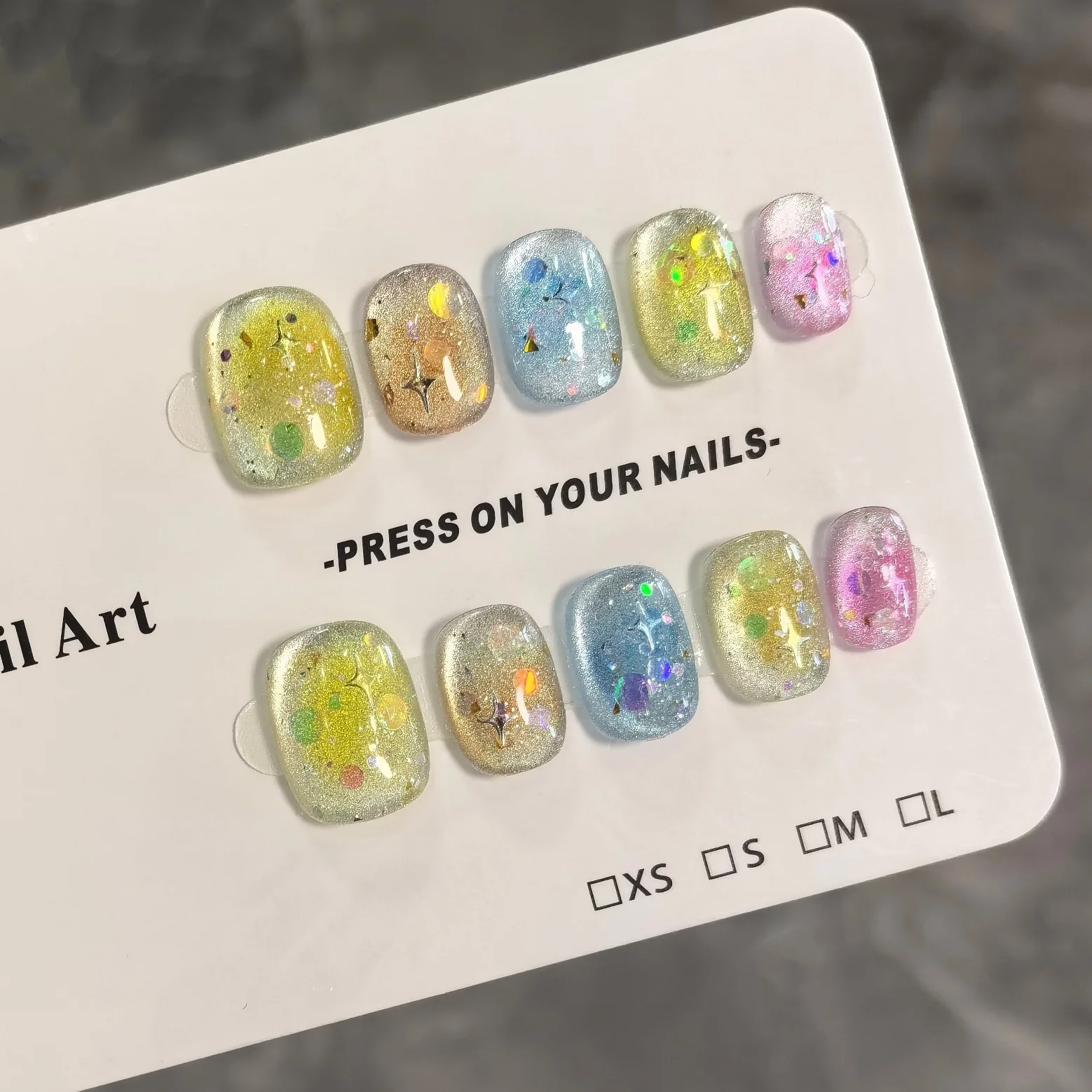 10pcs Handmade Press on Nails New Candy Summer Colorful Flashing Cat's False Nail for Women&Girls Detachable Wearable Nails