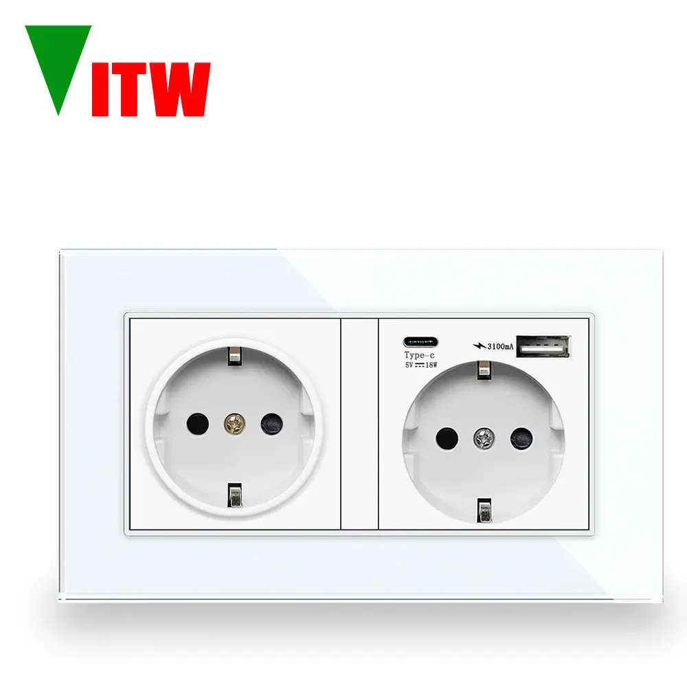

Vitw EU с USB-разъемом для зарядки, панель быстрой зарядки типа A + C, 16 А, немецкая настенная розетка, панель из закаленного стекла