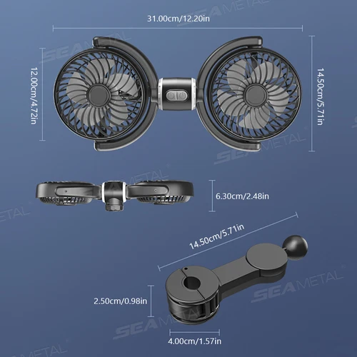 Imagen 2 del producto SEAMETAL-ventilador de refrigeración para coche, reposacabezas, ventiladores de doble cabezal, rotación multiángulo, ventilador de aire enfriador ajustable de 3 velocidades para accesorios de coche