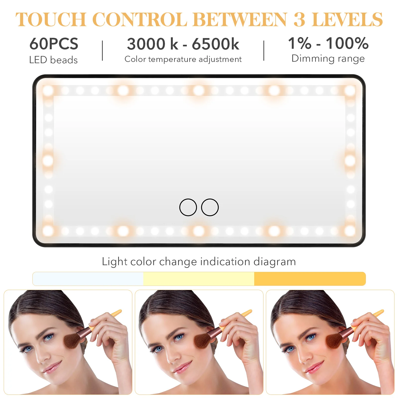 

Visor Vanity Mirror Rechargeable 60 Leds 3 Light Modes Touch Control USB Charging for Auto Truck Suv Makeup