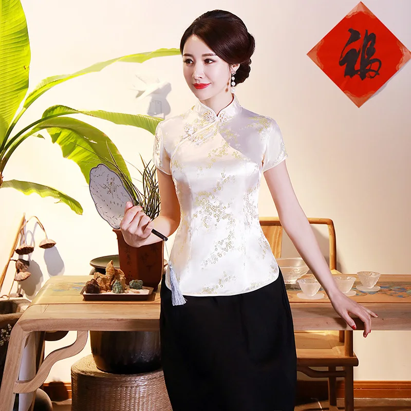 Vintage Chinese Style Blouse Dragon Shirt Women Satin Cheongsams Tops Summer Female Wedding Clothing Traditional Classic Tops