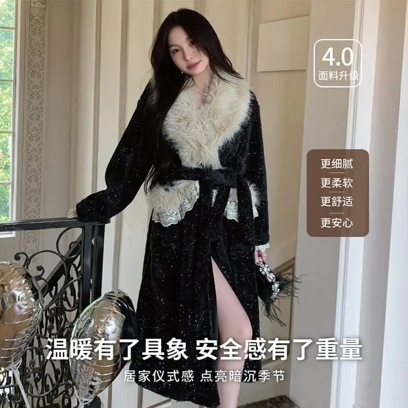 

Pajama Set Comfortable Sleepwear Plush Fleece Robe Winter Thickened Warm Bathrobe for Women Homewear Cozy Loungewear Fur Collar