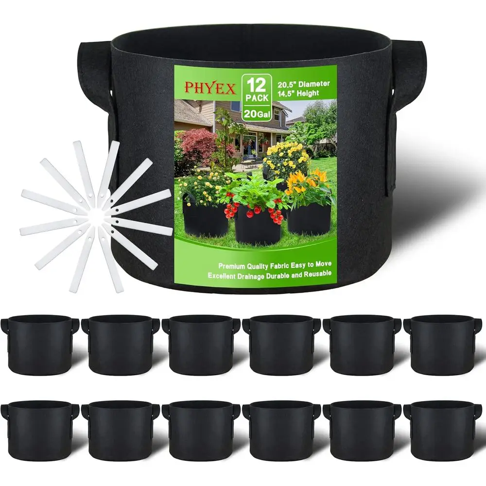 12-Pack 20 Gallon Grow Bags, Heavy Duty Fabric Pots with Handles, Reusable Plant Bags for Vegetables, Herbs & Flowers, BPA-Free,