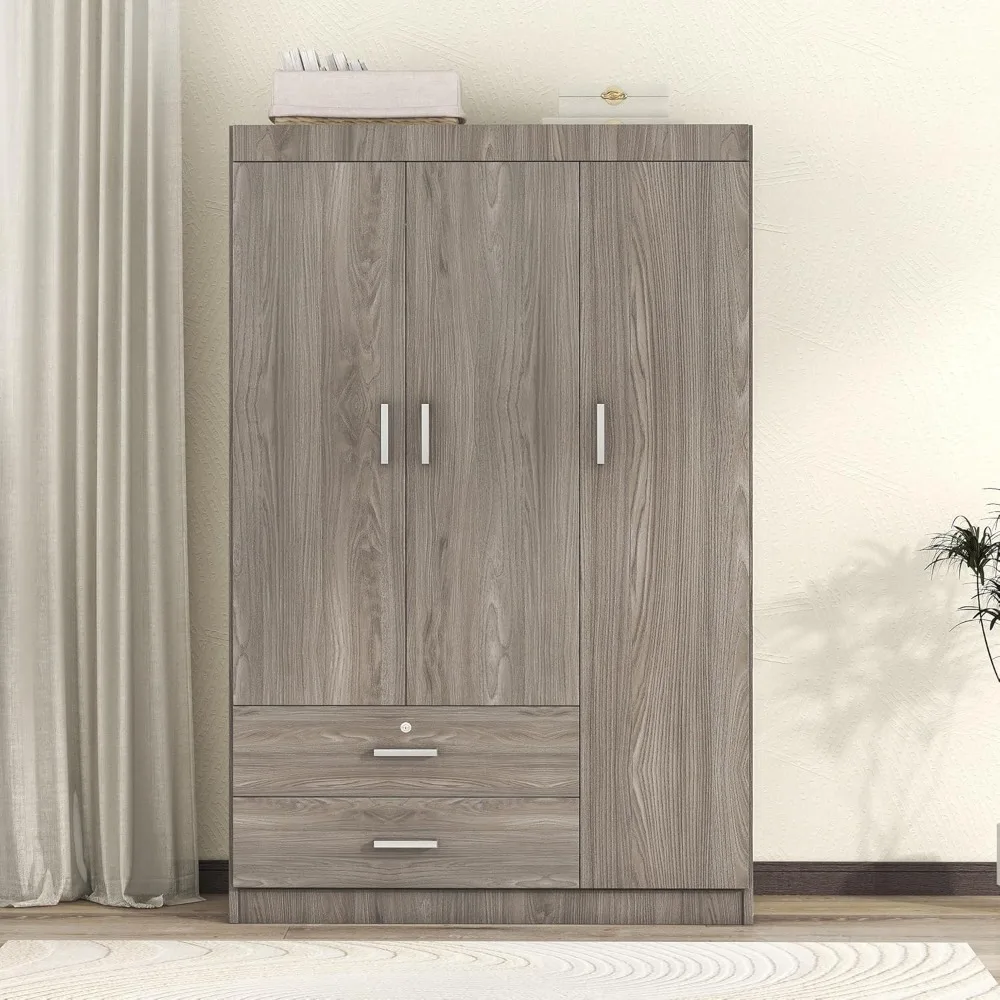 

3 Door Wardrobe Armoire Closet with Storage Shelevs Freestanding Wardrobe Cabinet with 2 Drawers and Hanging Rod Clothes Cabinet