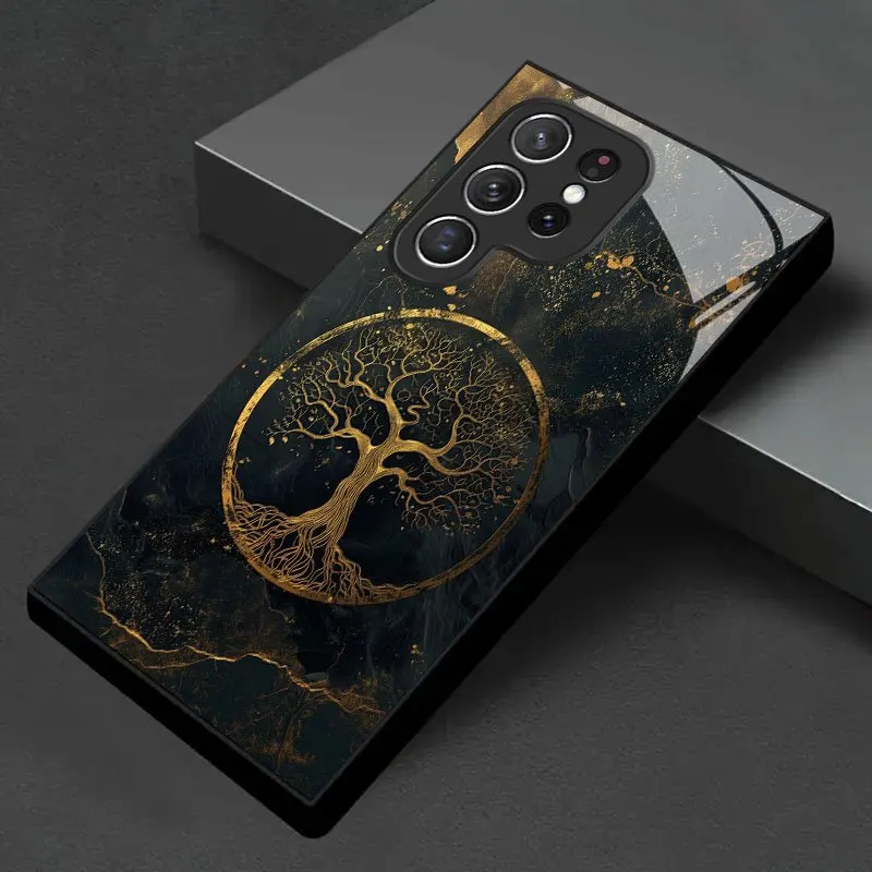 Gilded Tree of Life s26 ultra case fashion Glass phone case for Samsung Galaxy S26 25 24 23 22 21 FE Ultra Plus Lens Guard Case