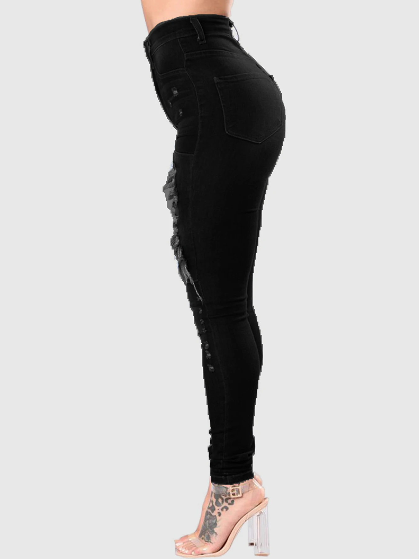 بنطال جينز نسائي عالي الخصر وممزق ومغسول باللون الأسود للكاحل، أنيق عتيق نحيف - سروال رصاص قابل للتمدد