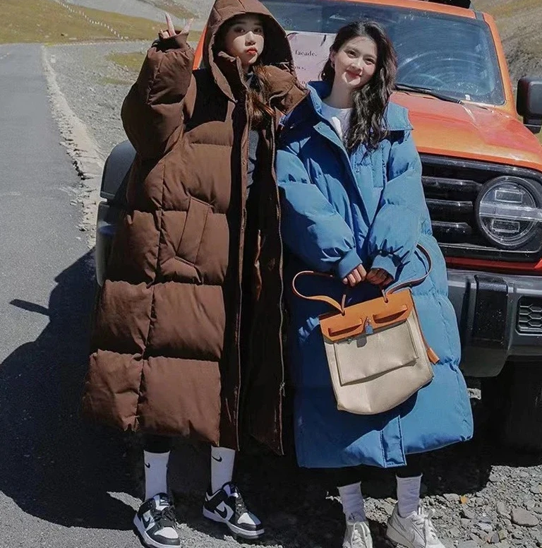 

Women's Winter Long Thickened Down Cotton Bread Style Coat Outerwear Korean Loose Long Knee Length Solid Hooded Jacket