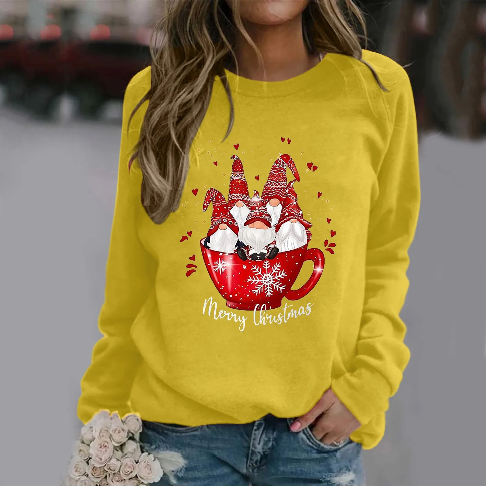 

Bowl Midget Christmas Print Ladies Fashion Hoodie Crew Neck Long Sleeve Casual Sweatshirt Festive Fashion Hoodless Jumper