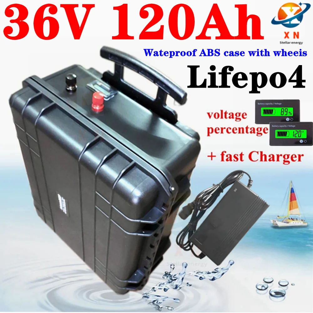 

waterproof 36V 120AH Lifepo4 lithium battery BMS with wheel trolley case for 4000W scooter bike boat inverter +10A Charge