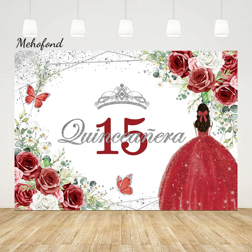 Mehofond Boho Red Dress Backdrop Quinceanera Princess 15 Birthday Flower Decor Girl Sweet Fifteen Photography Background Photos