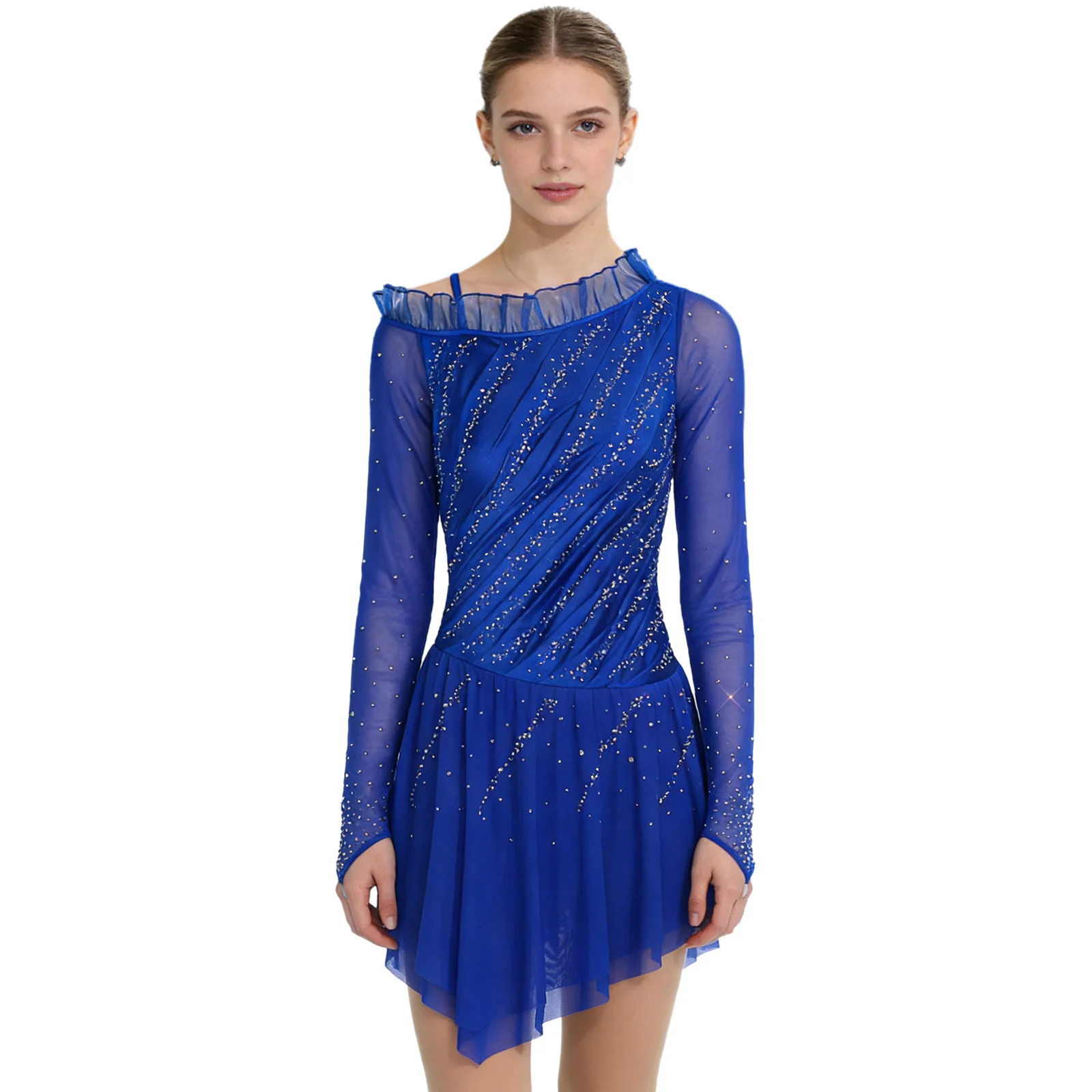 Women Figure Skating Dress Rhinestones Sheer Mesh Long Sleeves Ballet Dance Tutu Leotard Rhythmic Gymnastics Performance Costume
