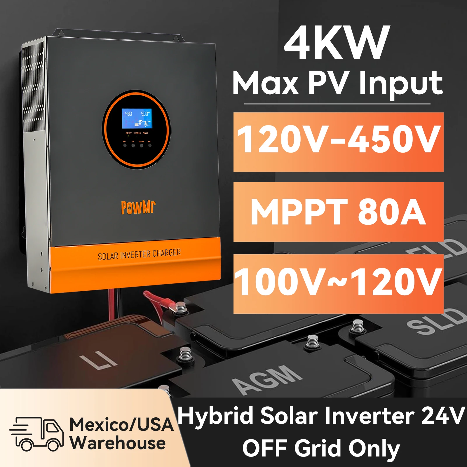 PowMr 24V 110V Solar Inverter Hybrid 3KW MPPT 80A 100A Off Grid Pure Sine Wave Inverter 110V 120V