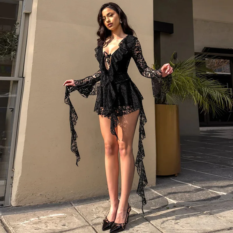 

Women's Summer Sexy Lace Tie-Waist Dress, Long Bell Sleeves, Hollow-Out V-Neck, Stylish Party Outfit for Women