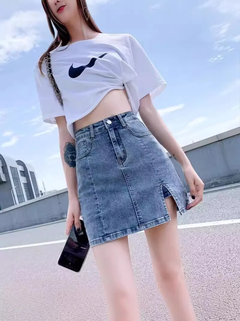 High Waist Elastic Denim Mini Skirt Women's A- Line Bodycon Short Skirt Anti-Light Pants Skirt Sexy Spicy Girl Pure Color Poly..