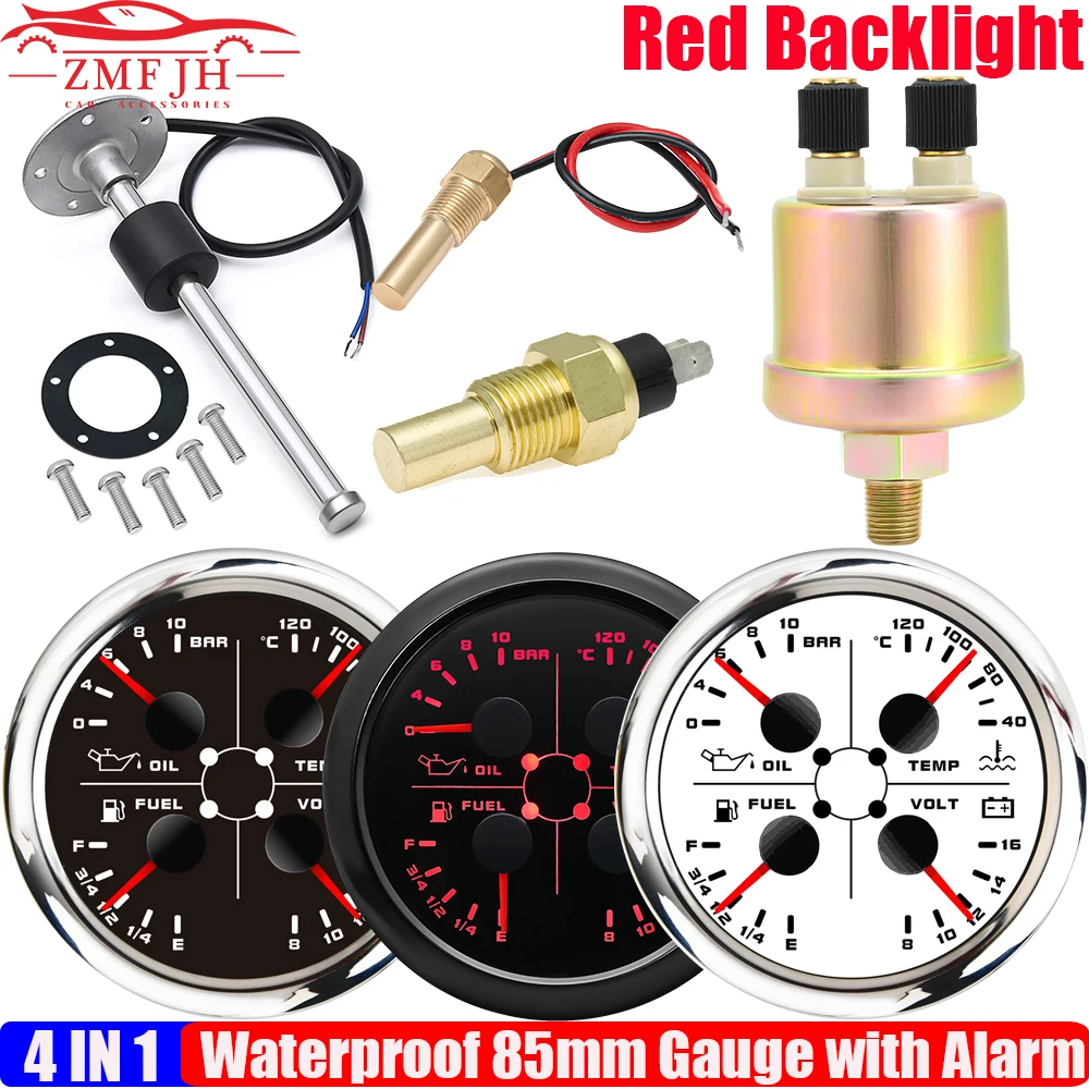 Red LED Pointer 85mm Gauge 0~10Bar Oil Pressure+Water Temp+Fuel Level Gauge+Voltmeter 0-190ohm Fuel Sensor Car Boat DC12V Custom