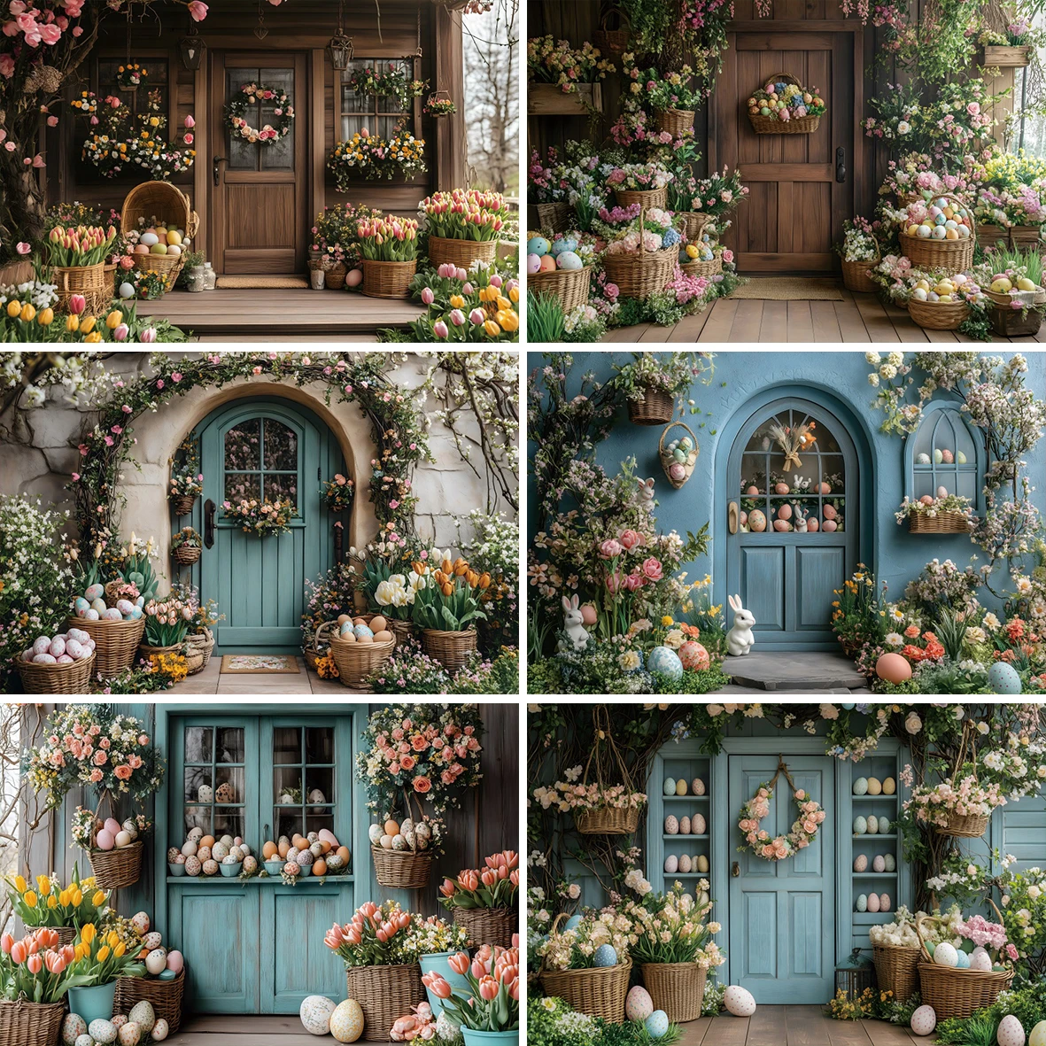 Arched Wooden Door Happy Easter Day Photography Background Green Grass Tulip Garden Flowers Cartoon Rabbit Eggs Photo Backdrops