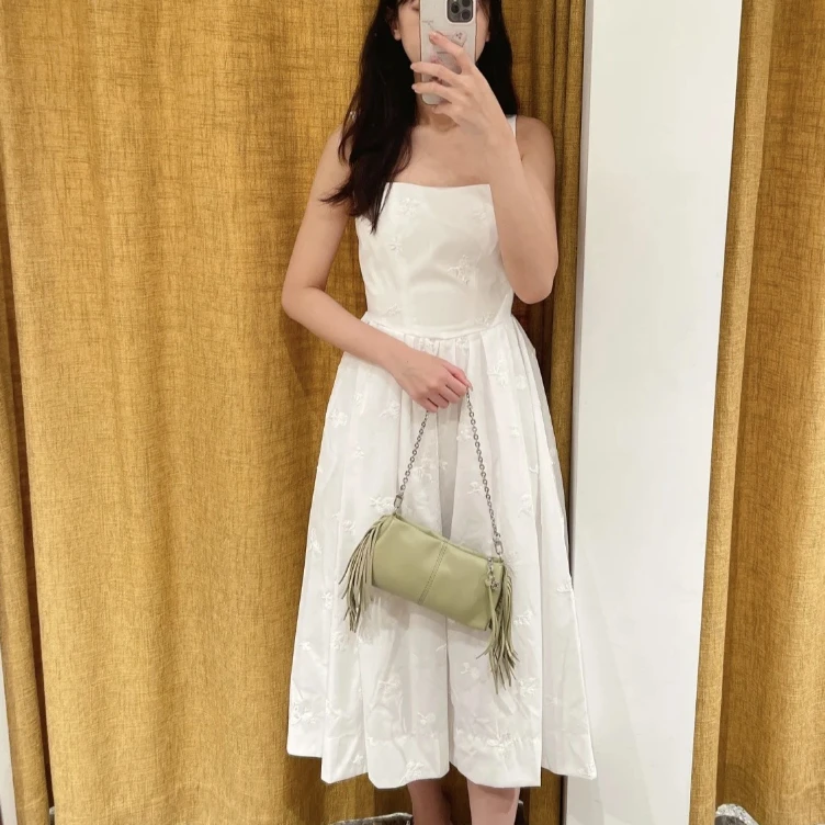 

Women's white lace embroidered dress suspenders holiday beach dress