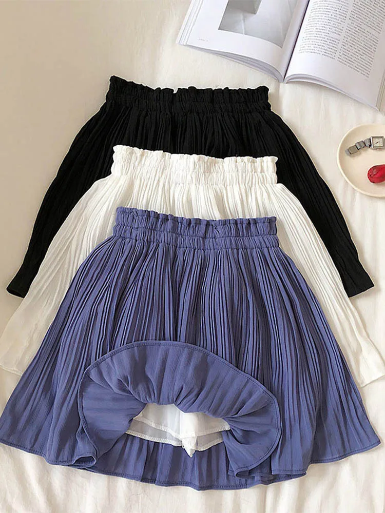 Solid Chiffon Summer Shorts Skirt Women 2023 Fashion Korean Elastic Waist Pleated Mini Skirt Casual Beach Faldas Saias