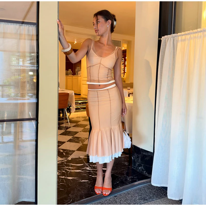 Mesh Overlay Lace Hem Slip Midi Dress Slim Spaghetti Strap Sheer 2026 Summer Elegant Women Bodycon Dress Retro Date Lady Gown