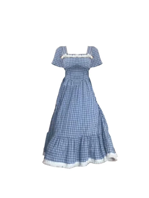 

plus Size Korean Sle Vintage Plaid Dr Women's Summer New Slimming Long Dr High Waist A-Line Skirt ort Sve Square...