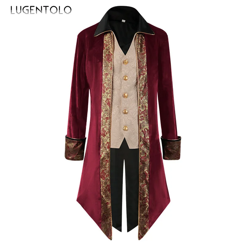 Men Steampunk Coat Victorian Tailcoat Medieval Costume Gothic Lapel Single-breasted Elegant Party Jacquard Straight Jackets