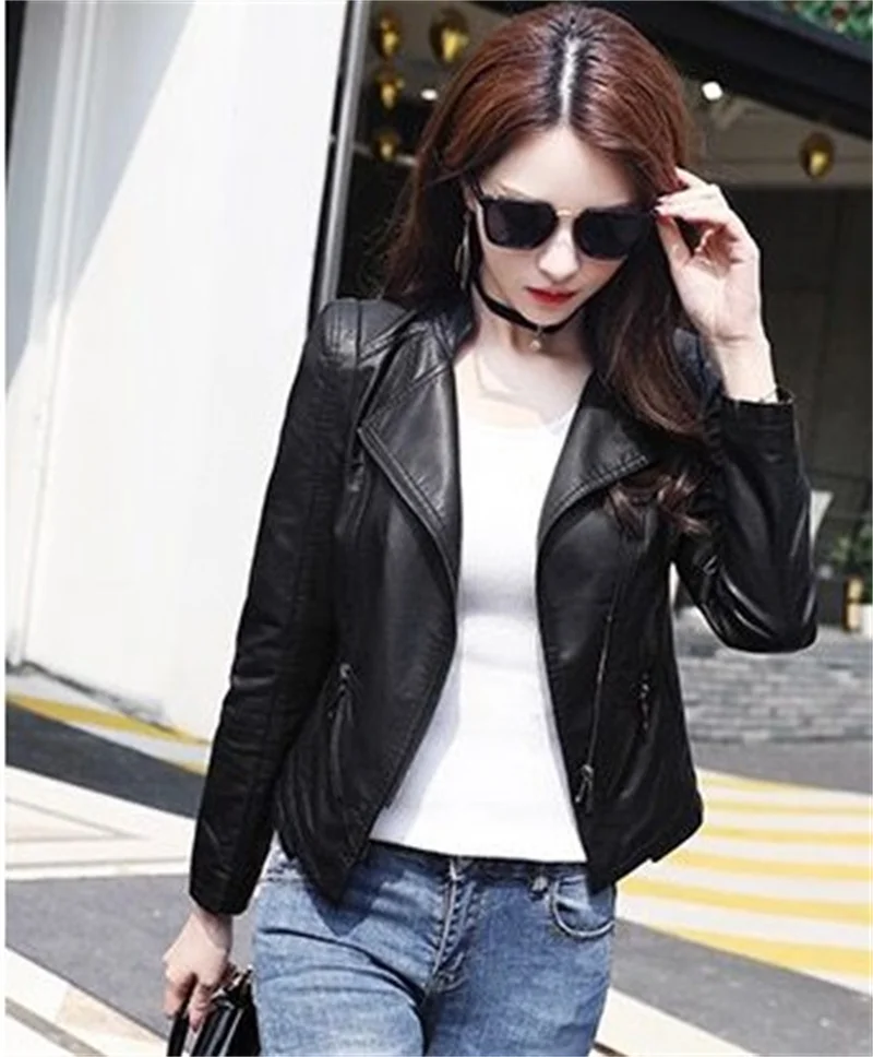 Nouveau Femmes classique manteau en cuir printemps automne 2025 mode costume col mince court en peau de mouton vêtements d'extérieur Biker en cuir femme