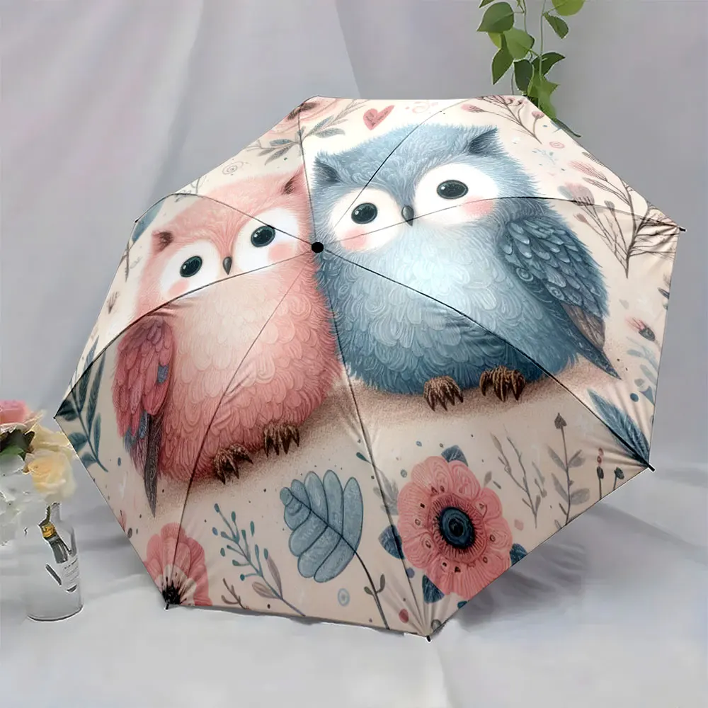 1PC Cute Owl-themed Umbrella for Rainy Days Print 8 Iron Ribs Folding Umbrella Auto-Open Fashion Sunshade