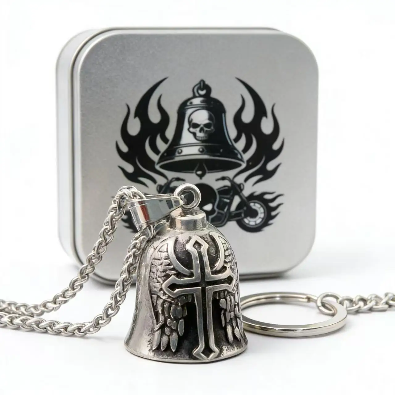 

Punk 316L Stainless Steel Guardian Bell Necklace Pendant For Men Biker Bell Gremlin Lucky Motorcycle Rider Accessories Box Gift