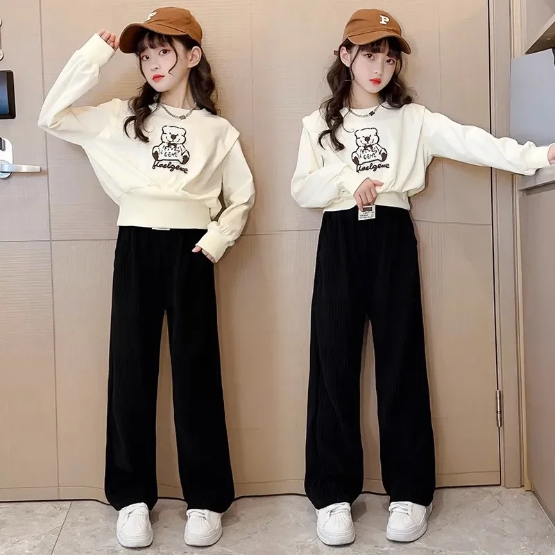 

2024 new autumn winter Teenager Clothes Children Set bear batwing Crop Top sweatshirt t shirt + straight Pant Suit 8 10 12 year