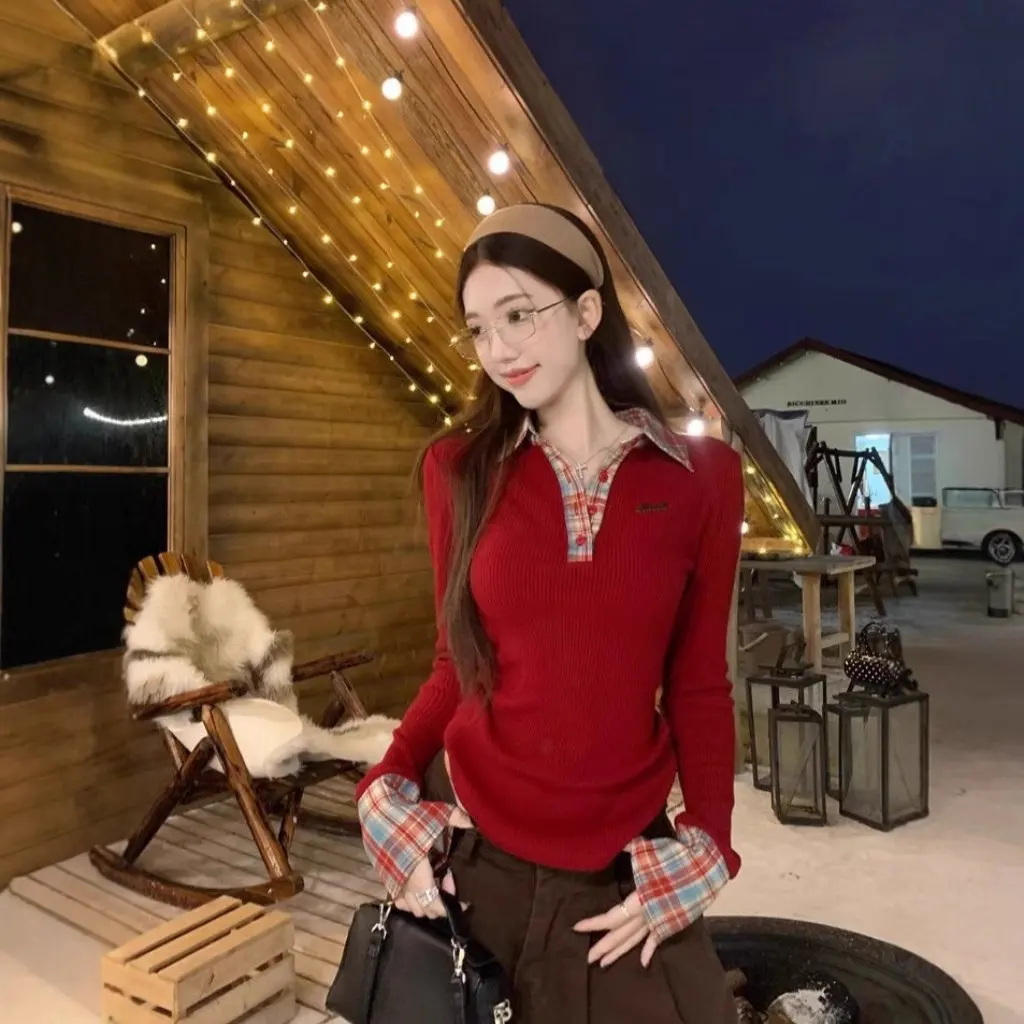 

Женская облегающая клетчатая футболка с воротником-поло, нишевая рубашка с винтажным дизайном, базовая рубашка для осенней и зимней внутренней одежды