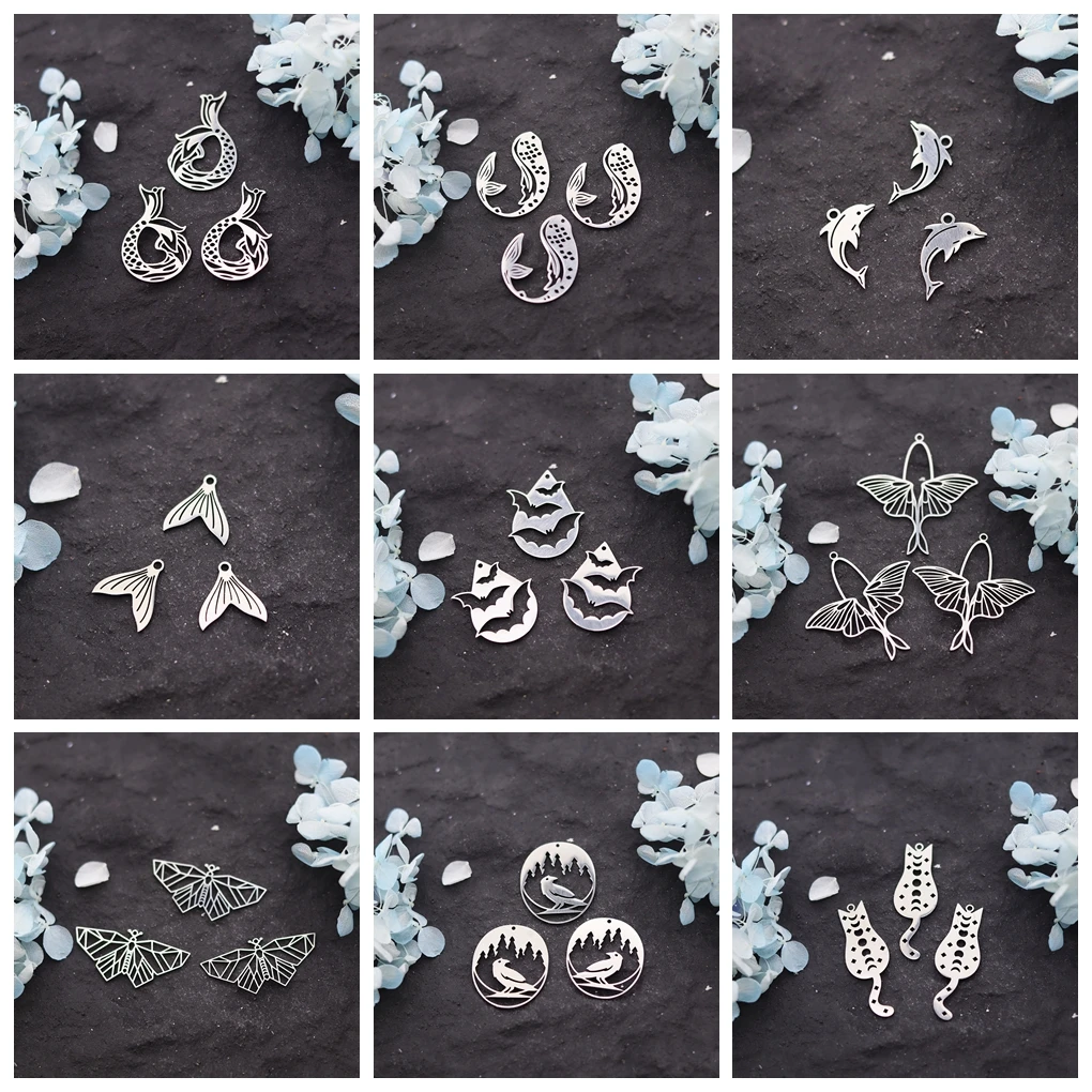 3pcs Bat Fish Tail Skull Spider Moon Moth Butterfly Charms Pendant For DIY Earrings Necklace Jewelry Making Findings Supplies