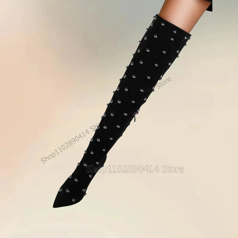 

Женские туфли с круглыми заклепками, черные, с острым носком, на тонком высоком каблуке, с боковой молнией, для вечеринок и банкетов, 2026