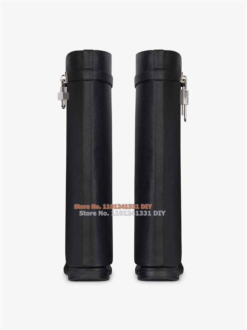 Shark Lock Biker Boots In Grained Leather Knee High Boots Women Metal Clasp with Silver Finish Padlocks Platform Long Boots